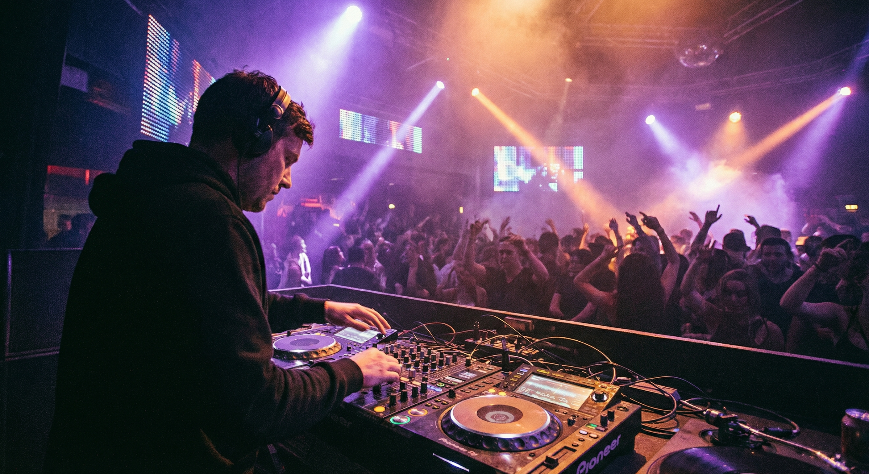 Professional DJ performing at a vibrant nightclub party with purple and orange lighting